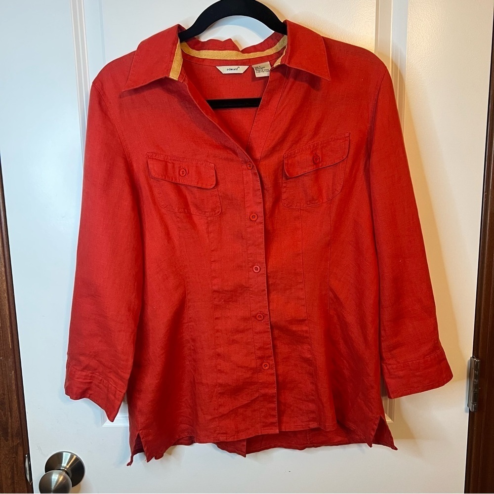 Edward Red 100% Linen Button Up Shirt Sz L 3/4 Sleeve Back Slit Jacket Blouse‌